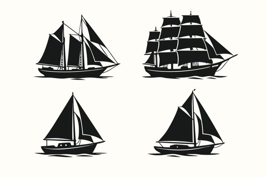 Collection of four vintage sailboat silhouettes featuing distinct sail patternsand hull shapes. Hand-draw nautical illustrations ofclassic maritime vessels, chooners, and sailing yachs.