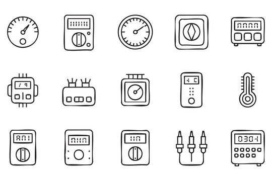 Electrical meter line icon set for voltage gauge, power monitoring and energy measurement equipment