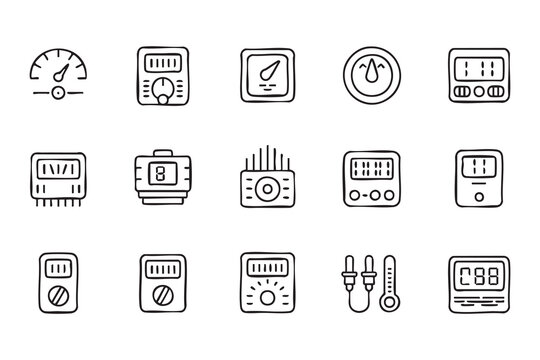 Energy monitoring outline symbols for electricity, voltage meter, control panel and diagnostic tools
