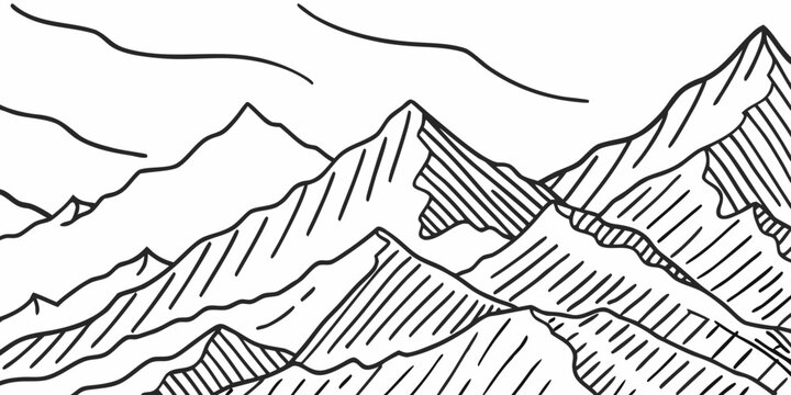 mountain range illustration with cross hatching and line work on a white background
