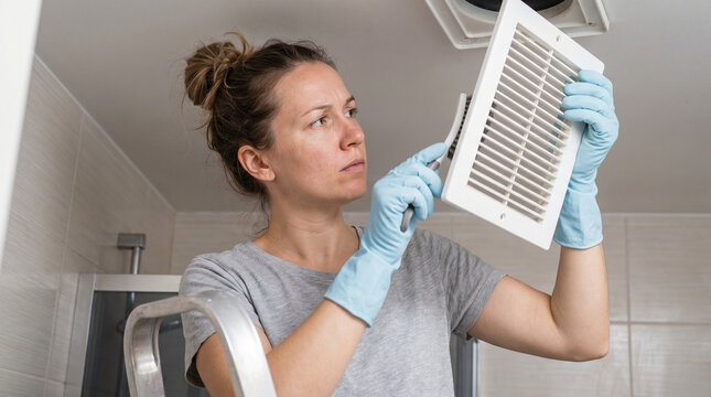 Woman cleaning bathroom vent cover while standing on ladder indoors  