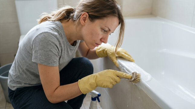 Woman cleaning bathtub silicone seal with brush and gloves indoors  