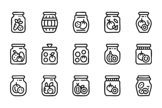Grocery jar packaging icons for organic food, homemade preserves, condiments and kitchen storage design