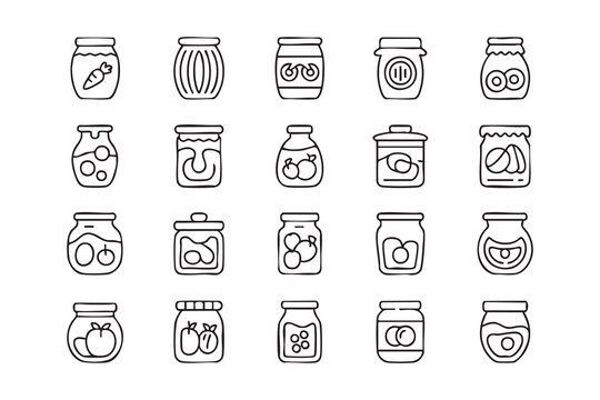 Pantry storage icon collection showing canned vegetables, jam jars, pickles and preserved food packaging