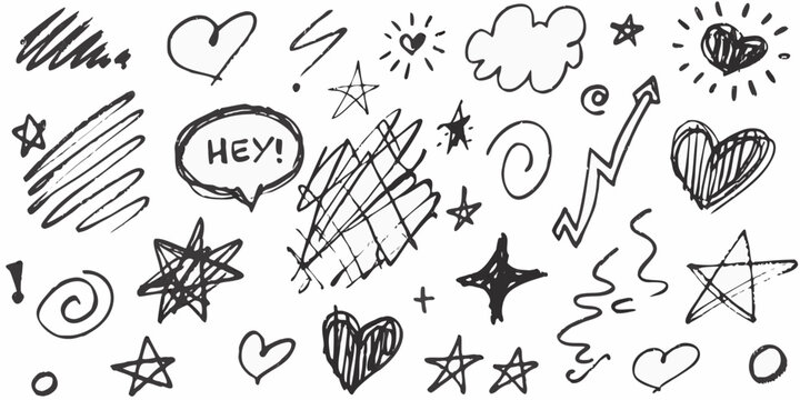 hand drawn doodle set with hearts stars speech bubble and abstract scribbles on white