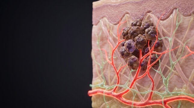 Microscopic view of a tumor cluster growing within human skin layers with blood vessels
