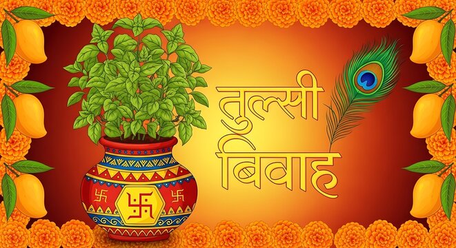 Tulsi vivah festival greeting card with tulsi plant and peacock feather