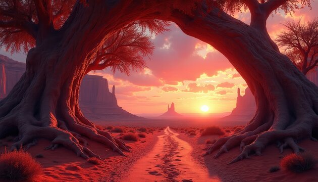 Desert path winds between massive red trees toward sunset. Arid landscape features mesas and rocky hills under vibrant sky. Surreal scene evokes journey and mystery.