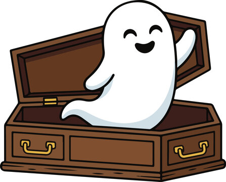 Cute Halloween ghost waving from wooden coffin vector illustration. Kawaii friendly spook character. Minimalist flat design ghost. Spooky season clipart. Funny ghost icon. Wooden casket with cartoon 