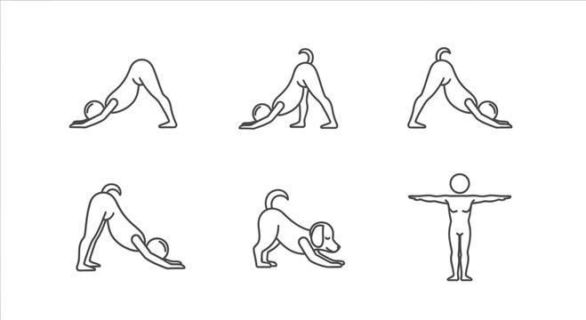 Dog Yoga Poses Line Art: Downward Dog, Play Bow, and Human Figure