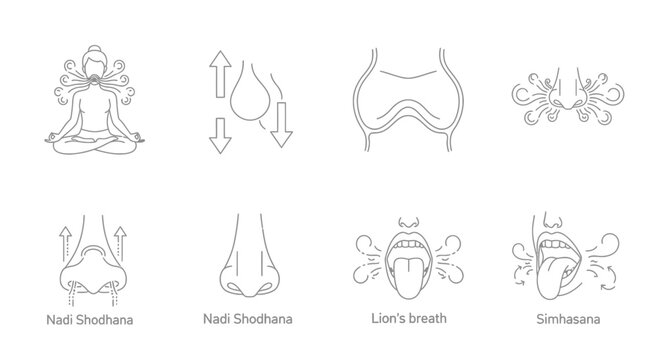 Yoga Breathing Exercises Icons: Nadi Shodhana, Lion's Breath, Simhasana