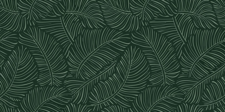 seamless pattern of stylized fern leaves in monochromatic dark green