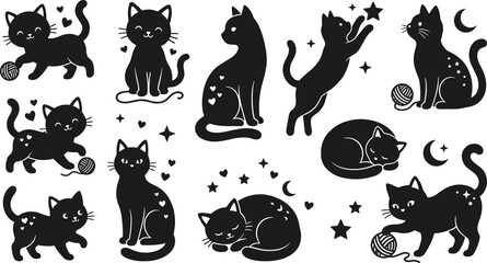 Obraz premium Cute Magic Black Cat Silhouette Vector Set with Celestial Moon Stars and Yarn Ball Elements for Mystical and Playful Pet Designs