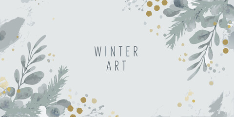 watercolor eucalyptus branches with gold accents on a light gray background © Shamal