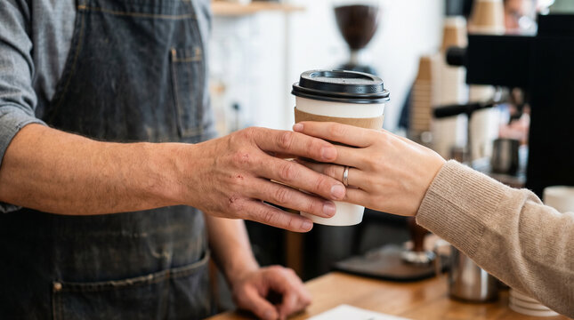 Customer receiving takeaway coffee from barista in cafe  