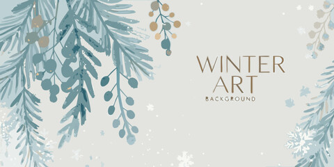 watercolor pine branches with berries cool teal and gray tones winter art background © Shamal