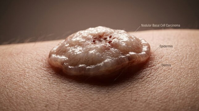 Close up of a nodular basal cell carcinoma on human skin with labeled epidermis and dermis