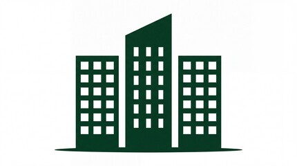 Fototapeta premium Green silhouette of three modern office buildings arranged in a row displayed on white background