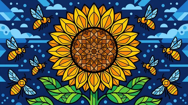Golden Sunflower and Bees Flat Vector Stained Glass Art