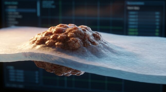 Detailed 3D render of abnormal cellular growth possibly a tumor on a translucent surface against a digital background
