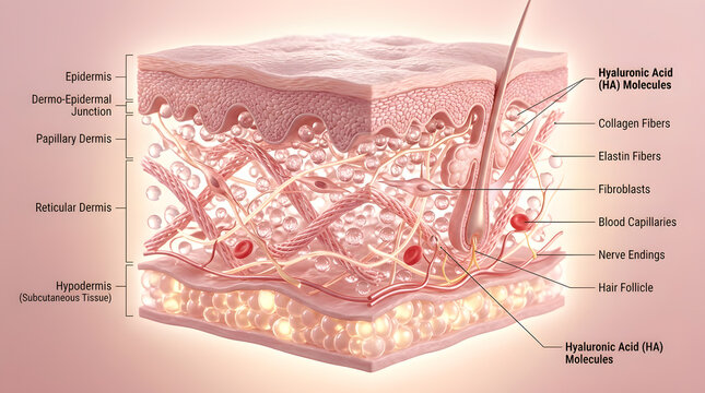 Detailed 3D Medical Illustration of Human Skin Cross-Section Layers Showing Epidermis Dermis Hypodermis Hyaluronic Acid Molecules Collagen Fibers Elastin Fibroblasts and Hair Follicle for Dermatology