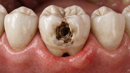 Fototapeta premium Close up of a molar tooth with severe decay and a large cavity Tooth decay