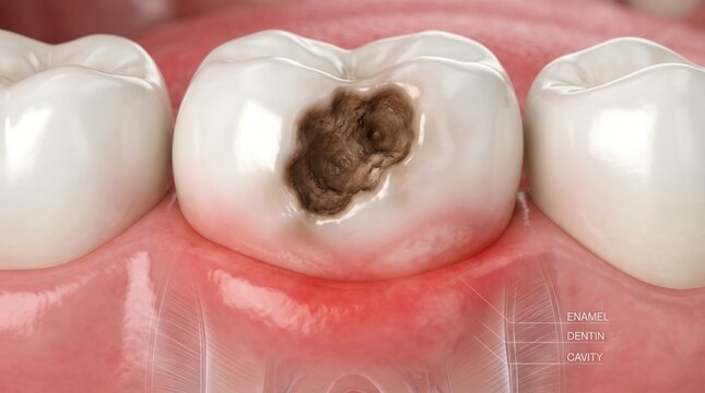 Close up 3D rendering of a decayed tooth showing enamel dentin and cavity layers