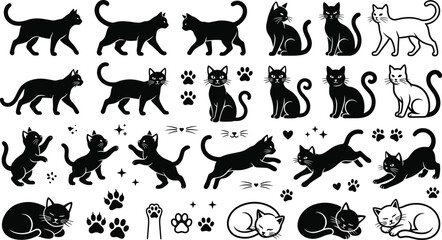 Large Black and White Cat Silhouette and Line Art Vector Set with Cute Feline Poses, Playful Kittens, and Paw Print Elements © MstSheule