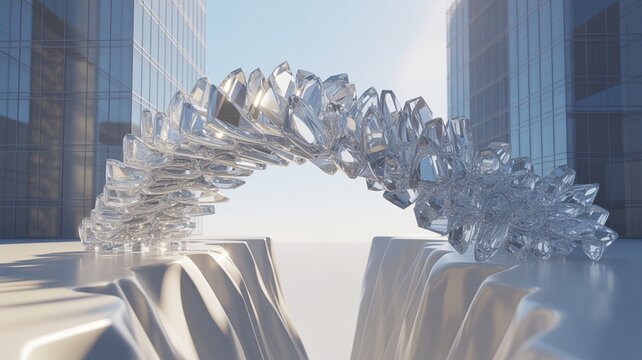 Translucent glass shard bridge connecting office towers &ndash; Suitable for business expansion, building bridges, or institutional collaboration.