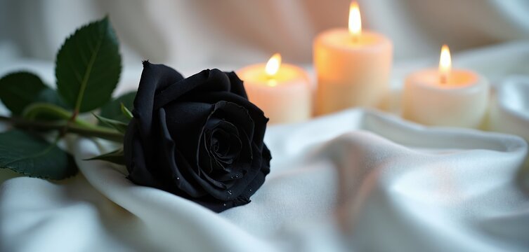 Black rose and lit candles on white silk fabric. Symbol of grief mourning loss and remembrance. Delicate tribute with soft light, evoking somber mood and peaceful rest.