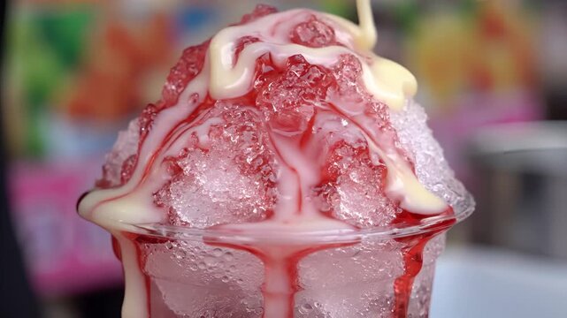 Delicious Strawberry Shaved Ice Dessert with Sweet Syrup and Cream.