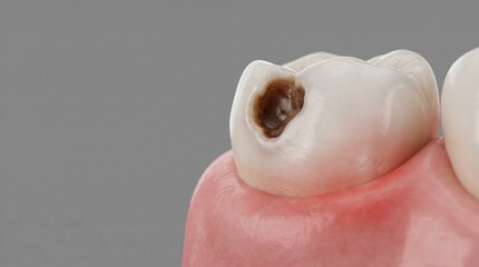 Naklejka premium Close up render of a human molar tooth showing a deep cavity and inflamed gum tissue