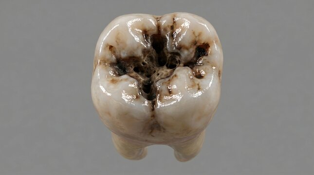 Close up macro view of a decayed human molar tooth with prominent cavities and staining