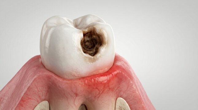 Detailed 3D rendering of a human molar tooth with severe decay and inflamed gums