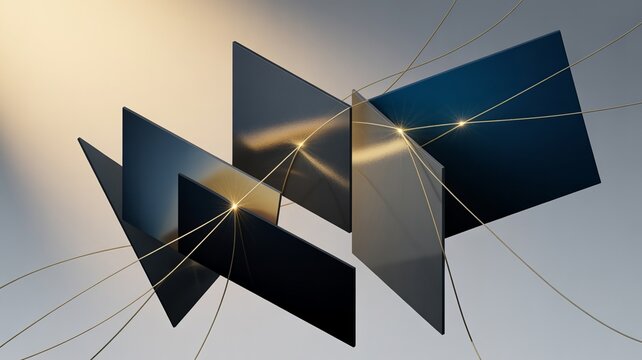 Fragmented gray panels stitched with metallic golden thread &ndash; Suitable for corporate alignment, restructuring harmony, or premium abstract art.