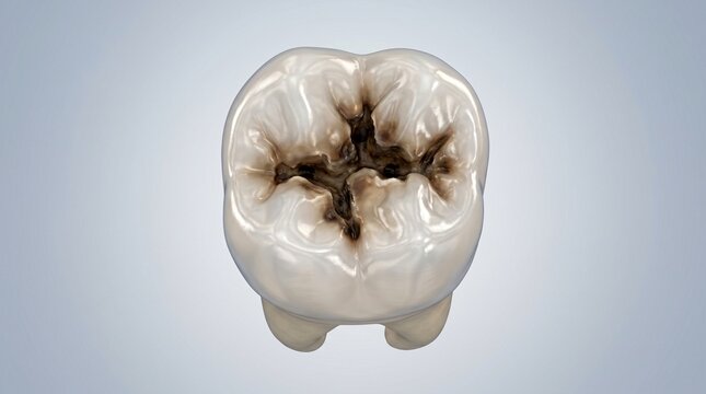 Close up detailed view of a decaying human molar tooth with visible decay and cavities