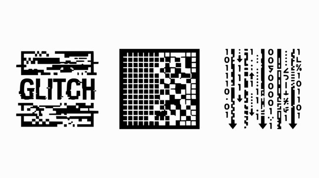 Glitch Art and Digital Data Visualizations: Glitch Text, Pixel Grid, Binary Code