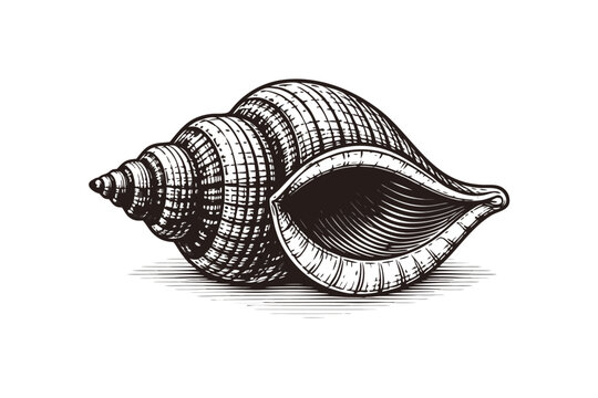Detailed Engraved Seashell Art Illustration on White Background, Vintage Etching Style Marine Mollusk Shell Vector, Hand Drawn Woodcut Design for Ocean Nautical Decor and Coastal Graphic Projects.