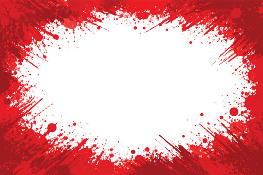 Vibrant red grunge frame with artistic paint splashesand splattered ink texture, featuring a messy brush troke border and decorativ blood-like droplets on a hite background for creatie design.