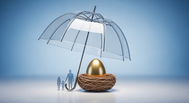 Golden egg in a woven nest under a transparent umbrella with silhouettes of a family standing nearby