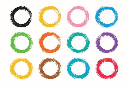 Abstract Circle Brush Stroke Collection Vector Designwith Twelve Colorful Hand rawn Painted Round Frames nd Borders Creative Graphi Elements, Artistic Ink Rigs Set on White Background