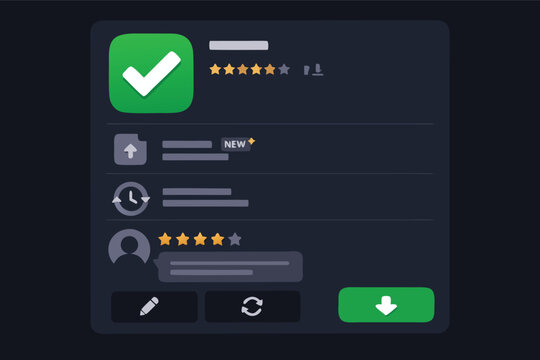 Dark Mode Mobile App Interface for Task Management an Productivity Software Feauring a Green Checkmark Icn, Star Ratings, User Reviws, and Download Button ina Modern Vector UI Design ayout