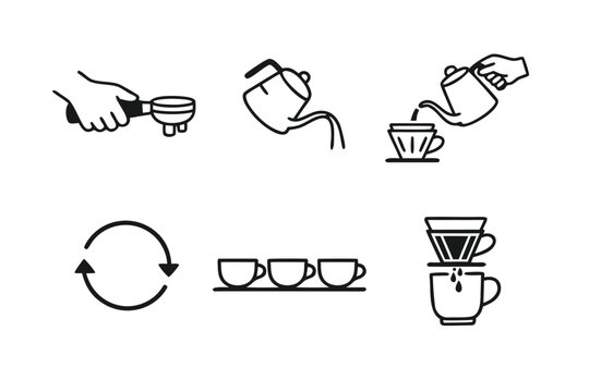 Barista Process Line Icon Set featuring Hand with Porafilter, Gooseneck Kettle ouring Water, Pour Over Cofee Dripper, Circular Cycl Arrow, Coffee Cups on Shef, and Dripping Coffee Mug