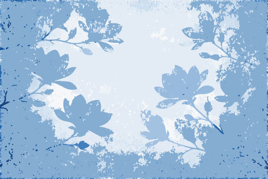 Blue Cyanotype Magnolia Botanical Background with Stiple Dot Overlay Texture; Vntage Floral Illustration eaturing Flower Silhouette and Twigs on a Textured Mnochrome Blue Artistic Surace