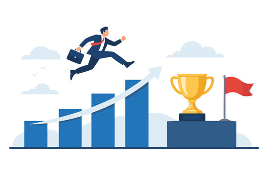 Businessman in a suit jumping over a rising bar chartwith an upward arrow towars a gold trophy and a red lag, representing career gowth, success, achievement and reaching business goas.