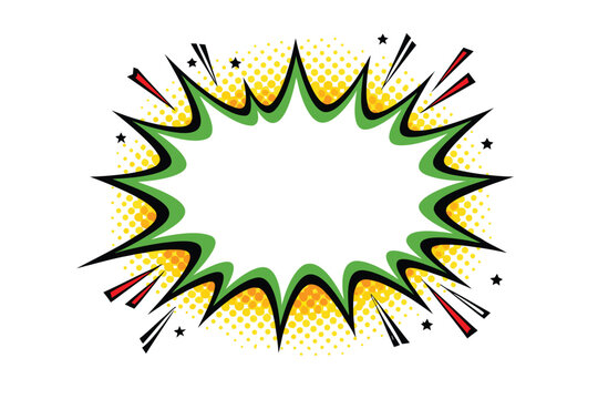 Comic Book Starburst Explosion Bubble with Green Outlne and White Blank Center or Text, Featuring Yellow alftone Dots Background, Rd Accent Lines, and Black tars in Pop Art Vector Desgn