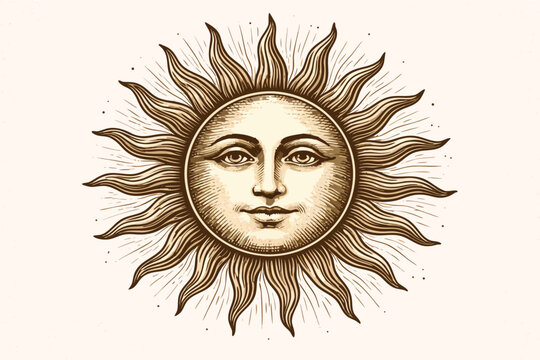 Vintage Sun with Face Illustration in Retro EngravingStyle, Radiant Celestial Slar Symbol with Wavy Rays nd Serene Expression, Mystcal Alchemy and Astrology oodcut Vector Art Design