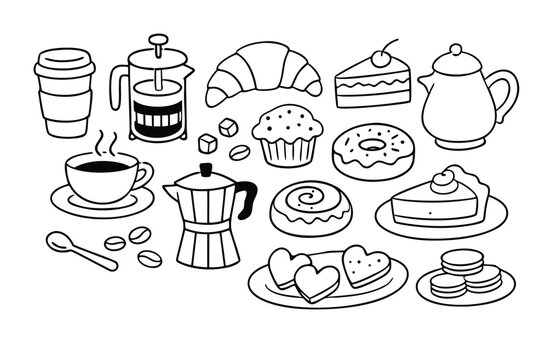 Coffee and Pastry Set with Naive Outline Sketch Vecto Illustration. Collection f Bakery Icons including Coissant, Donut, Muffin, Cae, French Press, Moka Pot,and Macarons for Cafe Desin.