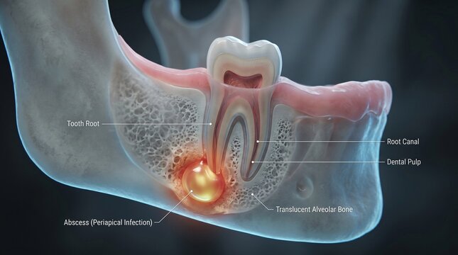 Anatomical illustration of a tooth root abscess and surrounding jawbone