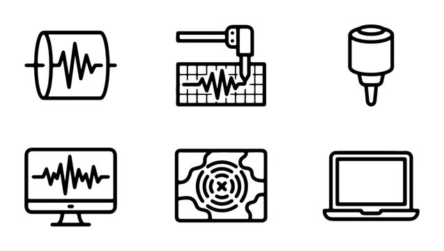 Seismograph Icons, Earthquake Monitoring Equipment, Seismic Wave Visualization, Data Analysis Tools